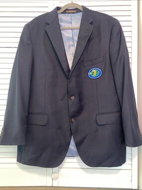 Peter Millar Navy USA Wool Sport Coat 44R Made In Canada Golf/Fly Fishing Patch